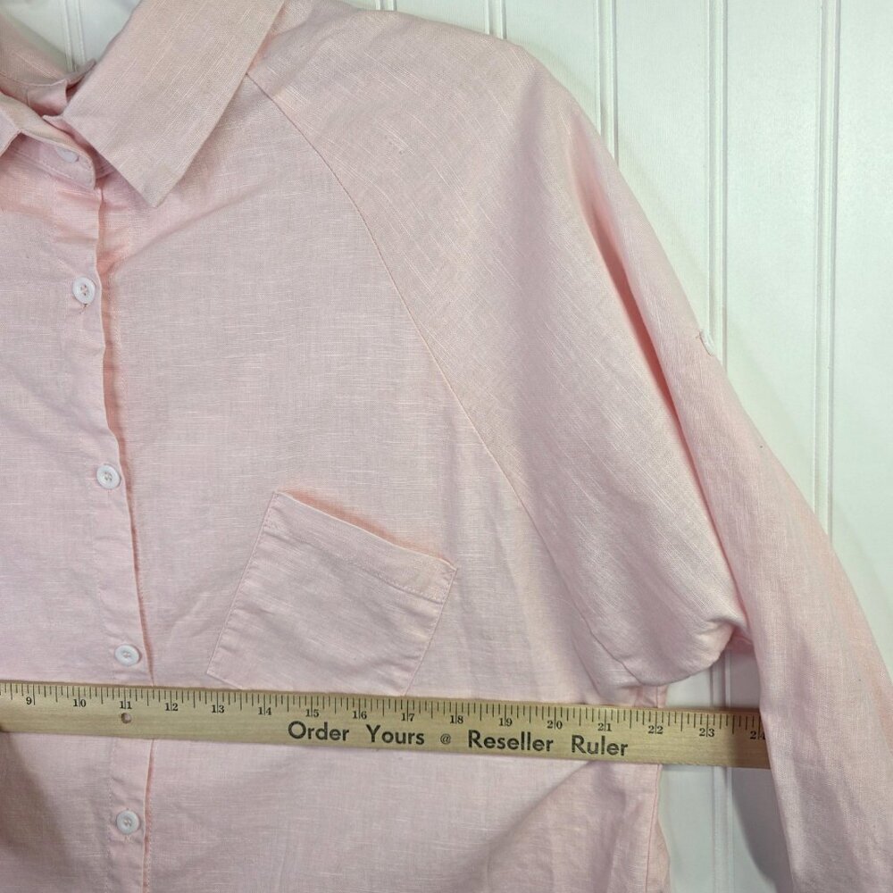 Linen Blend Tunic Shirt Womens Large Pink Button Front Roll Tab Relaxed Fit Boho - Picture 10 of 12